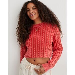 Aerie Cotton Oversized Red Acid Wash Cropped Cable Knit Pullover Sweater